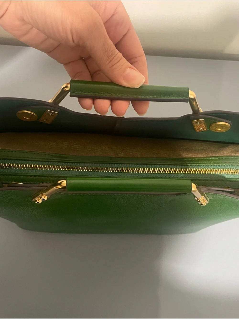 Green Leather Tote with Gold Handle and Strap